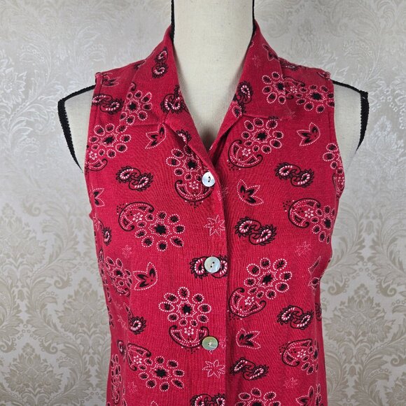Coldwater Creek Size Small Red Bandana Print Shirt Dress Sleeveless Linen Blend - Picture 3 of 15